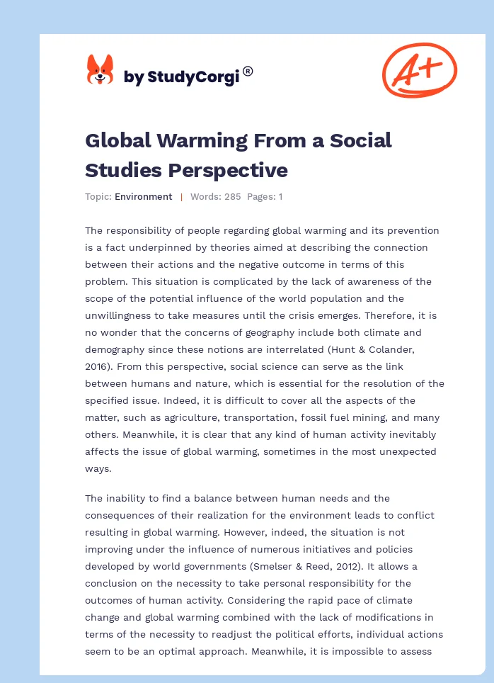 Global Warming From a Social Studies Perspective. Page 1