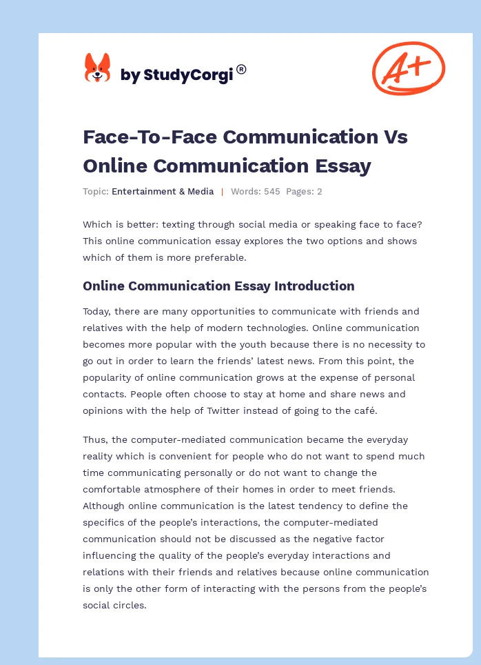 Face-To-Face Communication Vs Online Communication Essay. Page 1