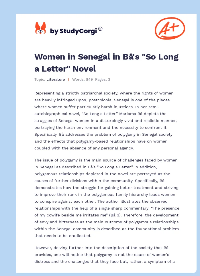Women in Senegal in Bâ's "So Long a Letter" Novel. Page 1