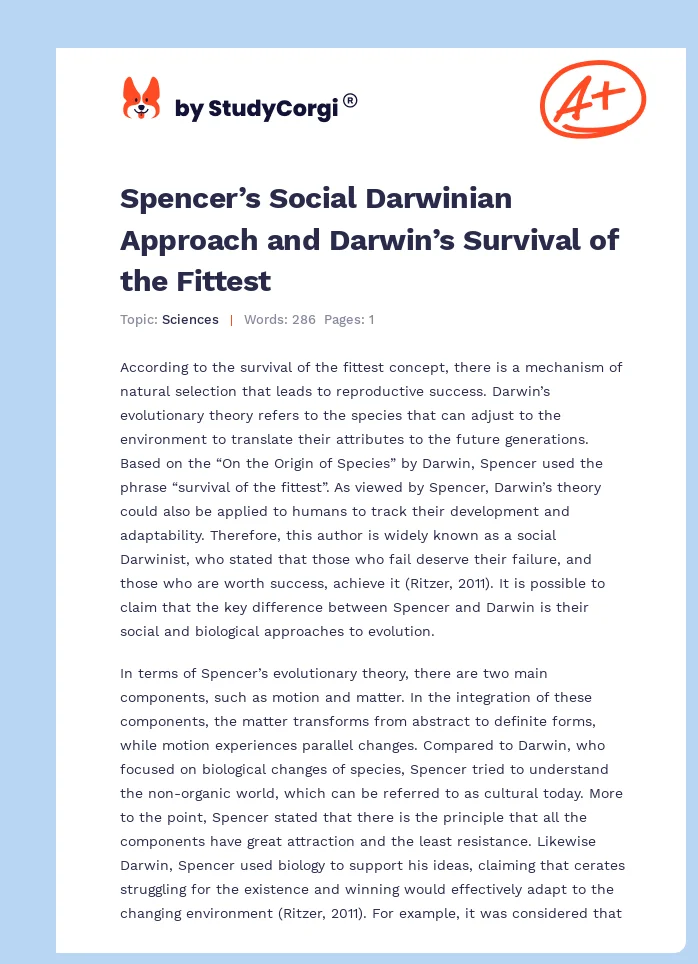 Spencer’s Social Darwinian Approach and Darwin’s Survival of the Fittest. Page 1