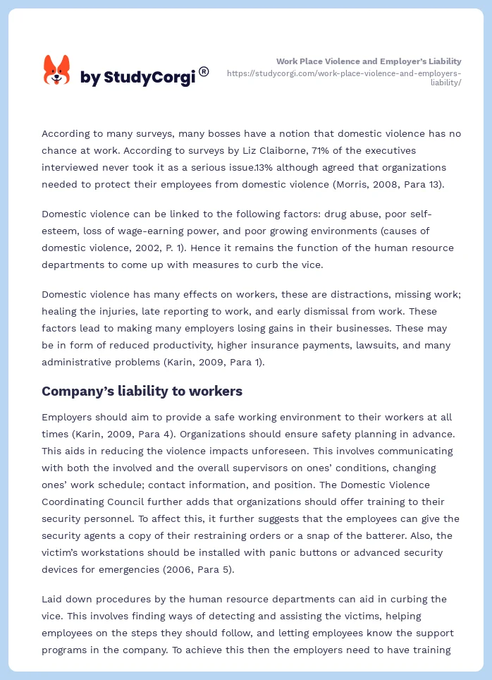 Work Place Violence and Employer’s Liability. Page 2