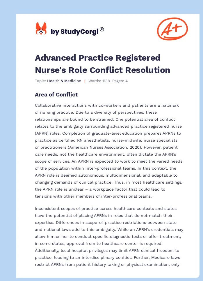 Advanced Practice Registered Nurse's Role Conflict Resolution. Page 1