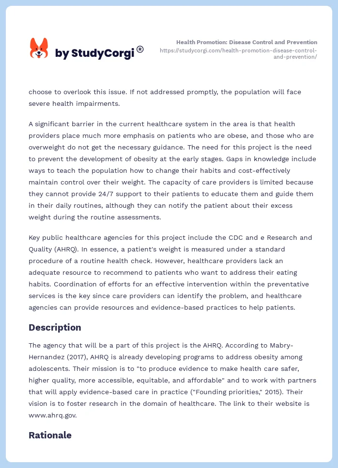 Health Promotion: Disease Control and Prevention. Page 2