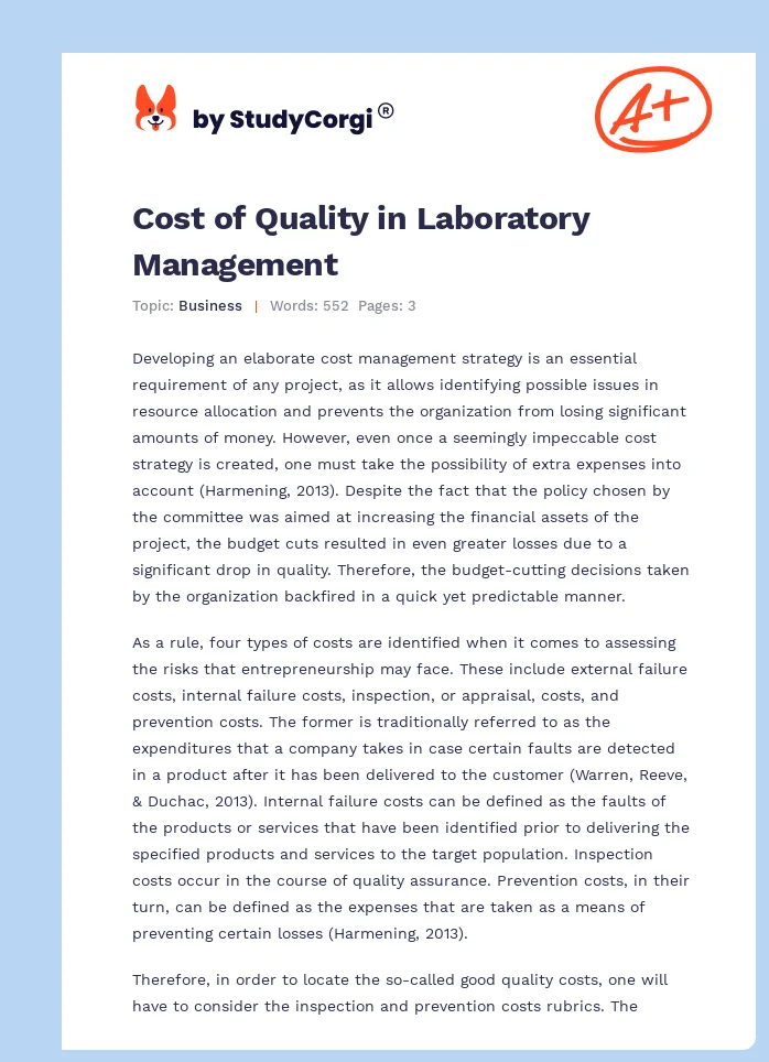 Cost of Quality in Laboratory Management. Page 1