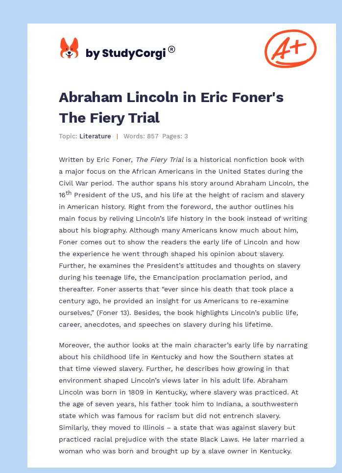 Abraham Lincoln in Eric Foner's The Fiery Trial. Page 1