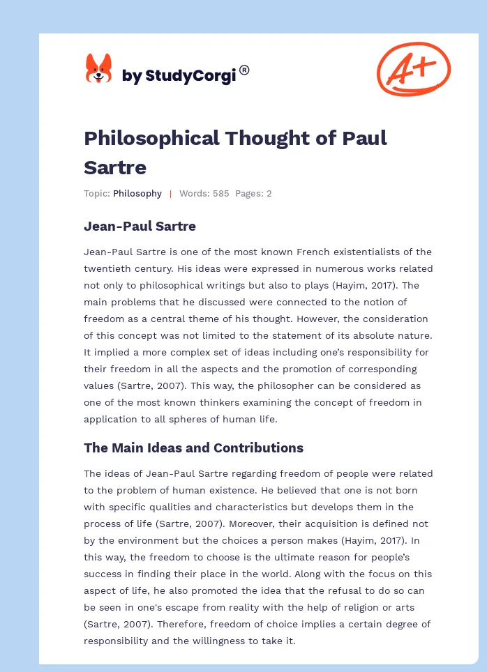 Philosophical Thought of Paul Sartre. Page 1