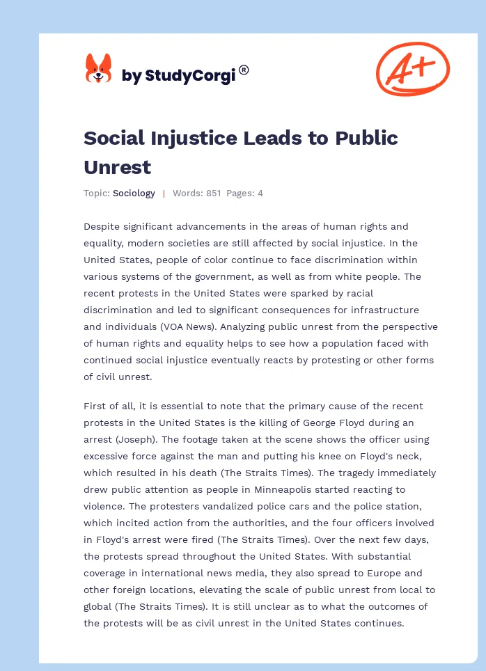 Social Injustice Leads to Public Unrest. Page 1
