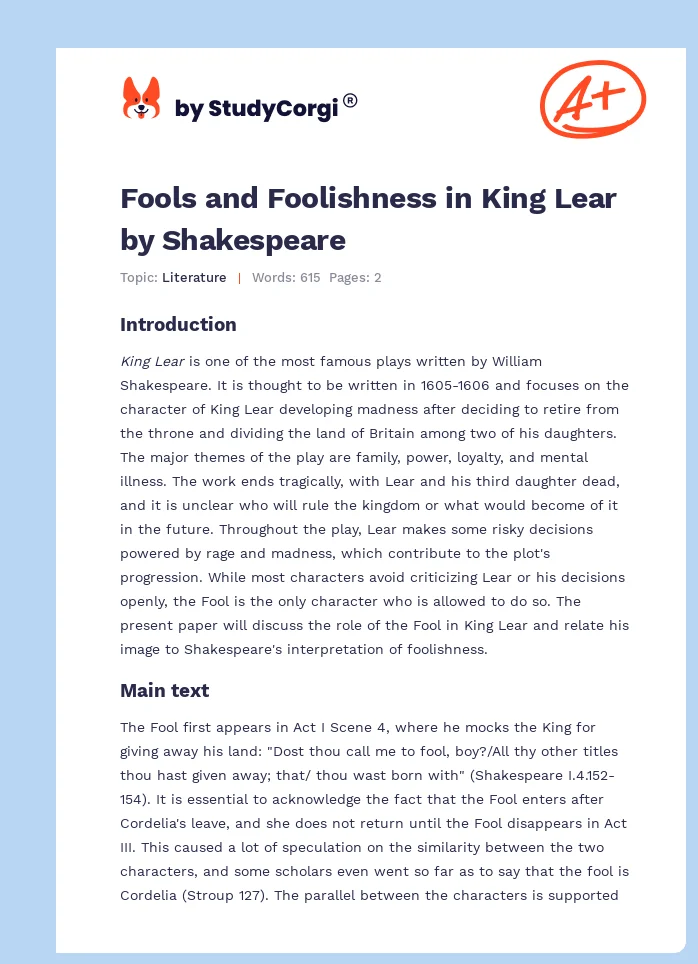 Fools and Foolishness in King Lear by Shakespeare. Page 1