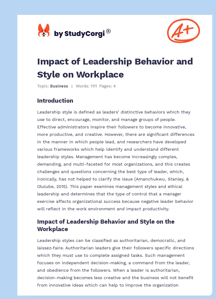Impact of Leadership Behavior and Style on Workplace. Page 1