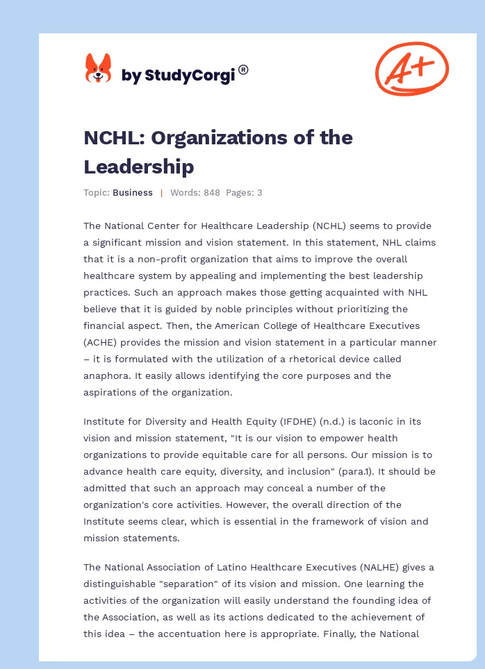 NCHL: Organizations of the Leadership. Page 1