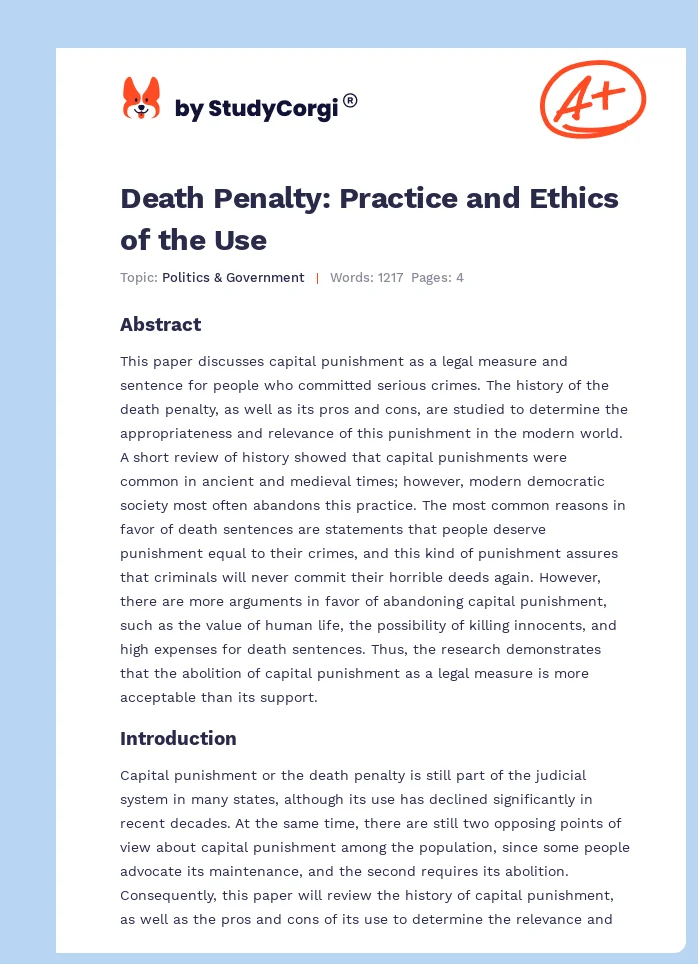 Death Penalty: Practice and Ethics of the Use. Page 1