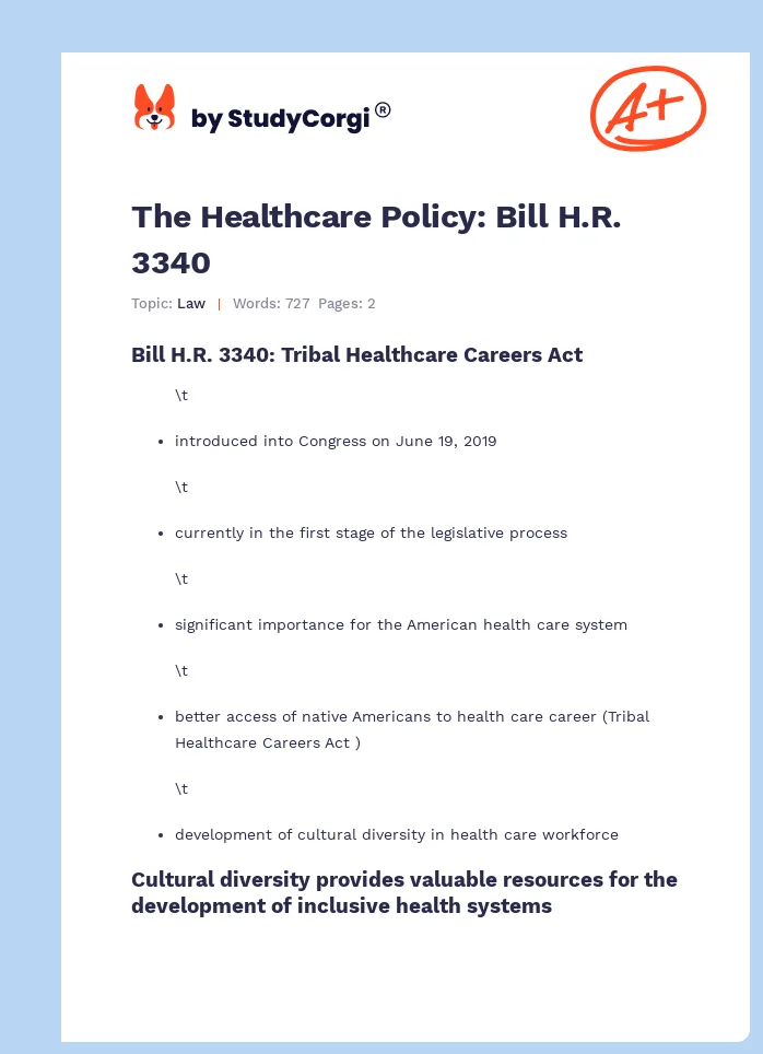 The Healthcare Policy: Bill H.R. 3340. Page 1