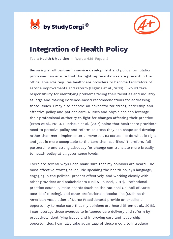 Integration of Health Policy. Page 1