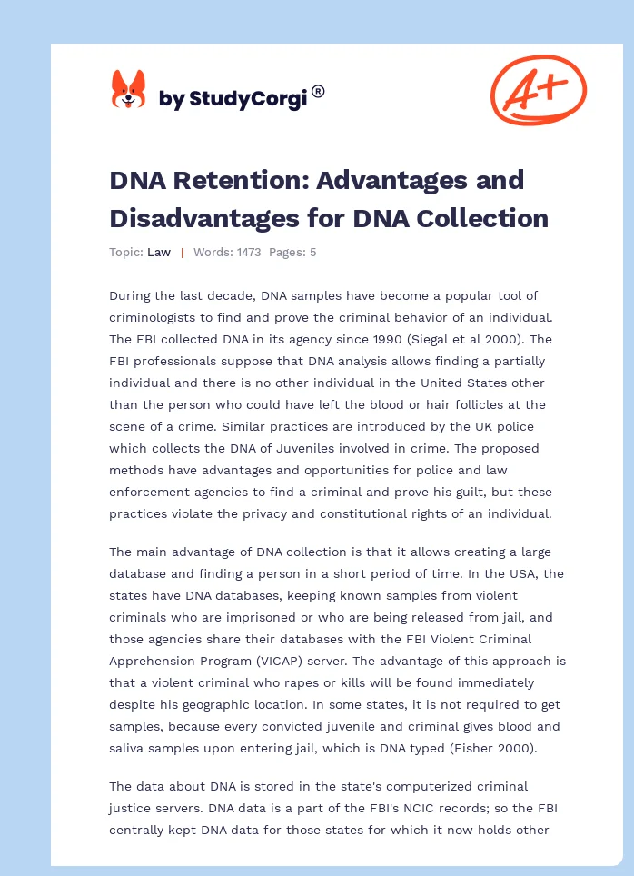 DNA Retention: Advantages and Disadvantages for DNA Collection. Page 1