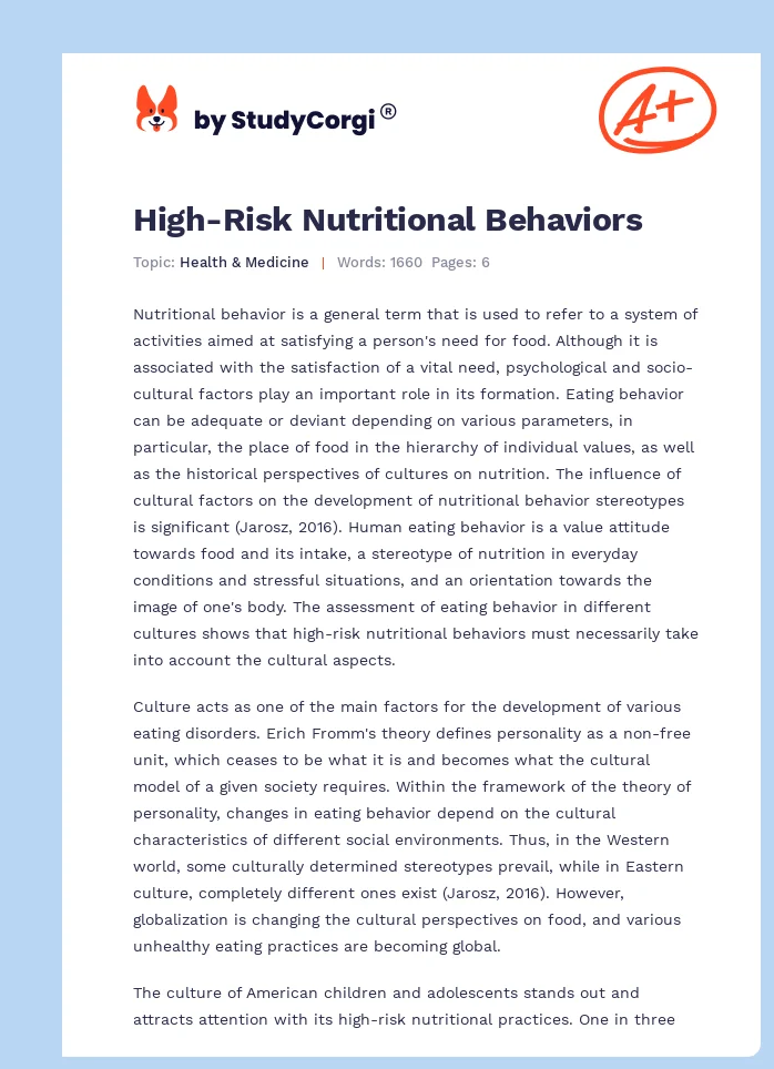 High-Risk Nutritional Behaviors. Page 1