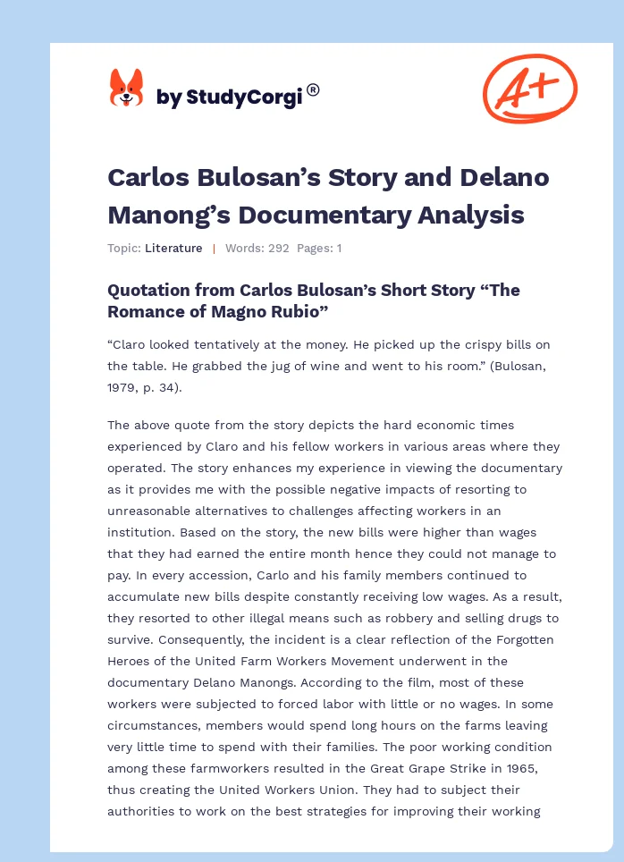 Carlos Bulosan’s Story and Delano Manong’s Documentary Analysis. Page 1