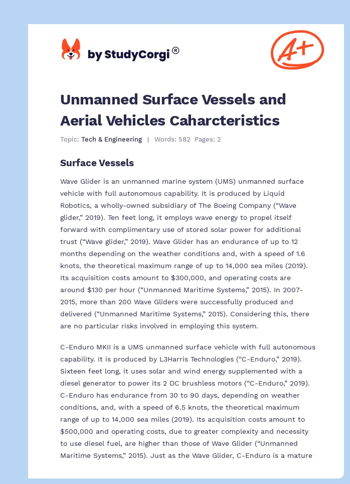 Unmanned Surface Vessels and Aerial Vehicles Caharcteristics. Page 1