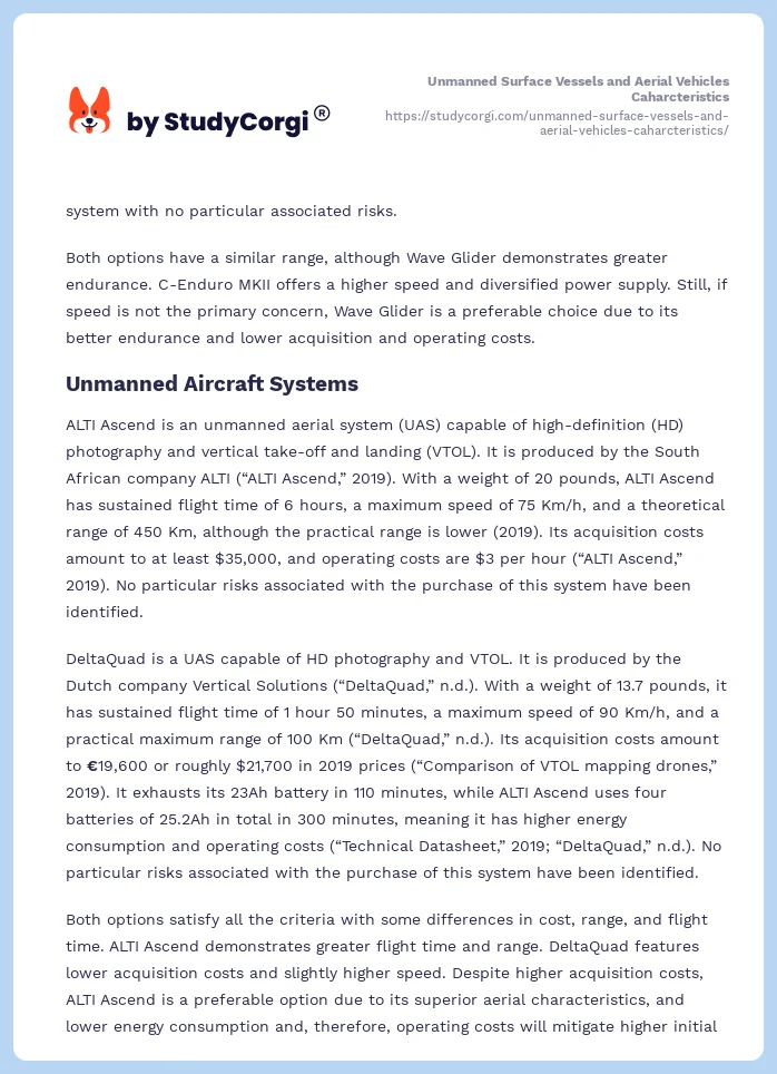 Unmanned Surface Vessels and Aerial Vehicles Caharcteristics. Page 2