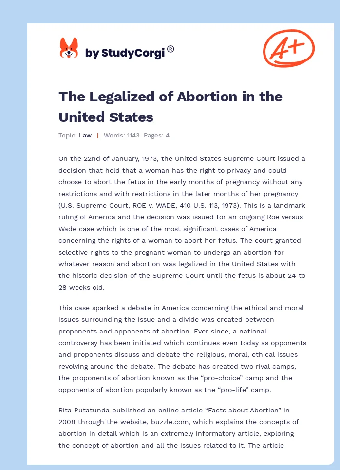 The Legalized of Abortion in the United States. Page 1
