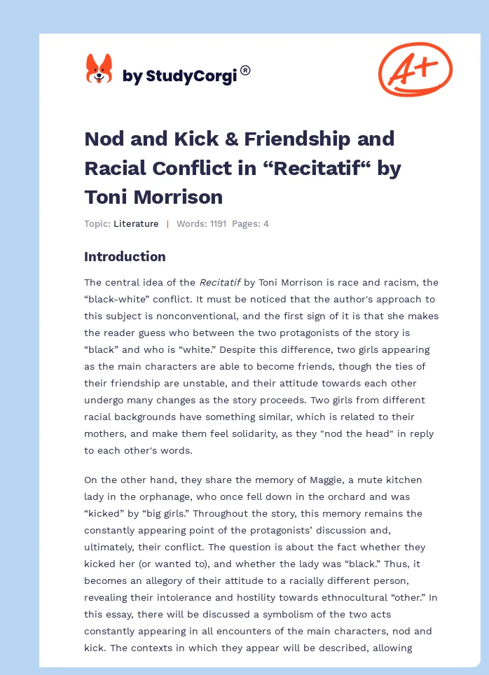 Nod and Kick & Friendship and Racial Conflict in “Recitatif“ by Toni Morrison. Page 1