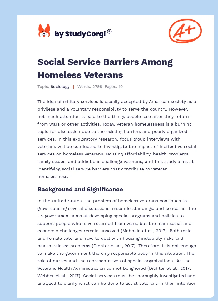 Social Service Barriers Among Homeless Veterans. Page 1