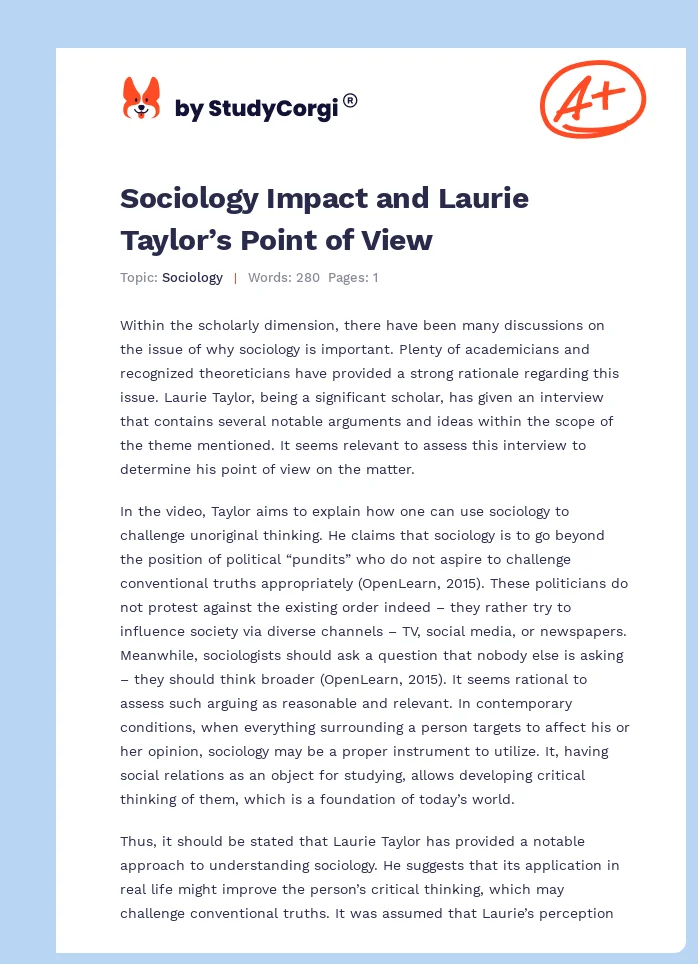 Sociology Impact and Laurie Taylor’s Point of View. Page 1