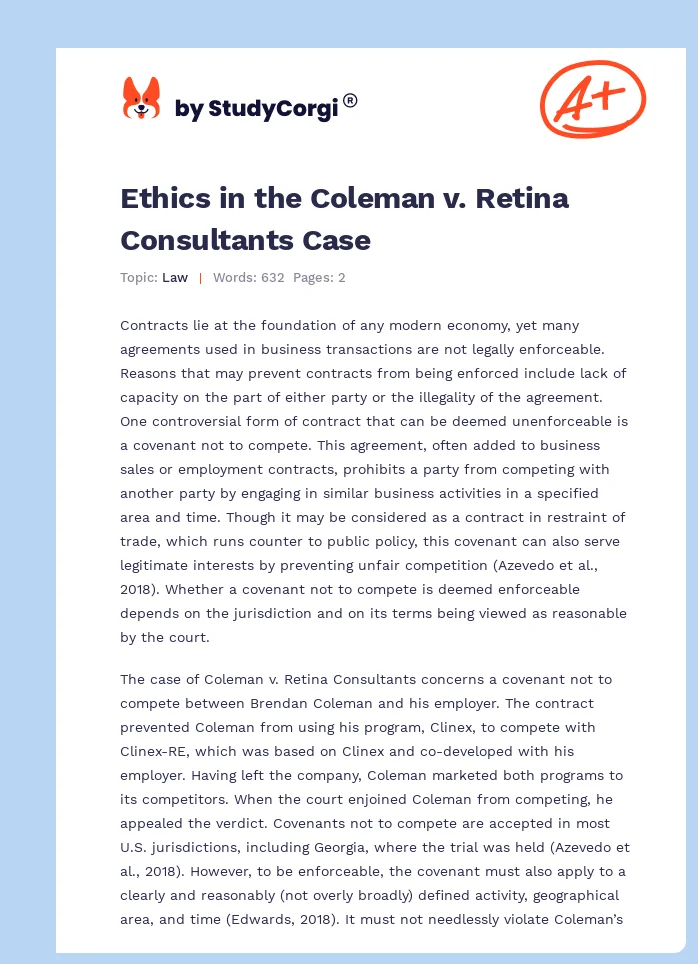 Ethics in the Coleman v. Retina Consultants Case. Page 1