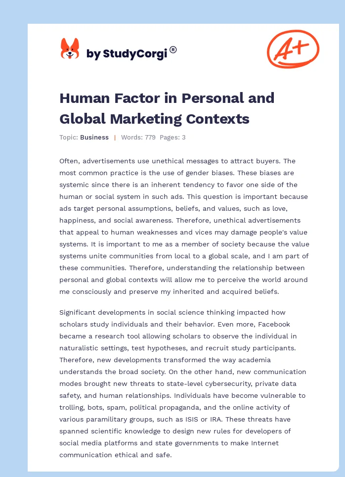 Human Factor in Personal and Global Marketing Contexts. Page 1