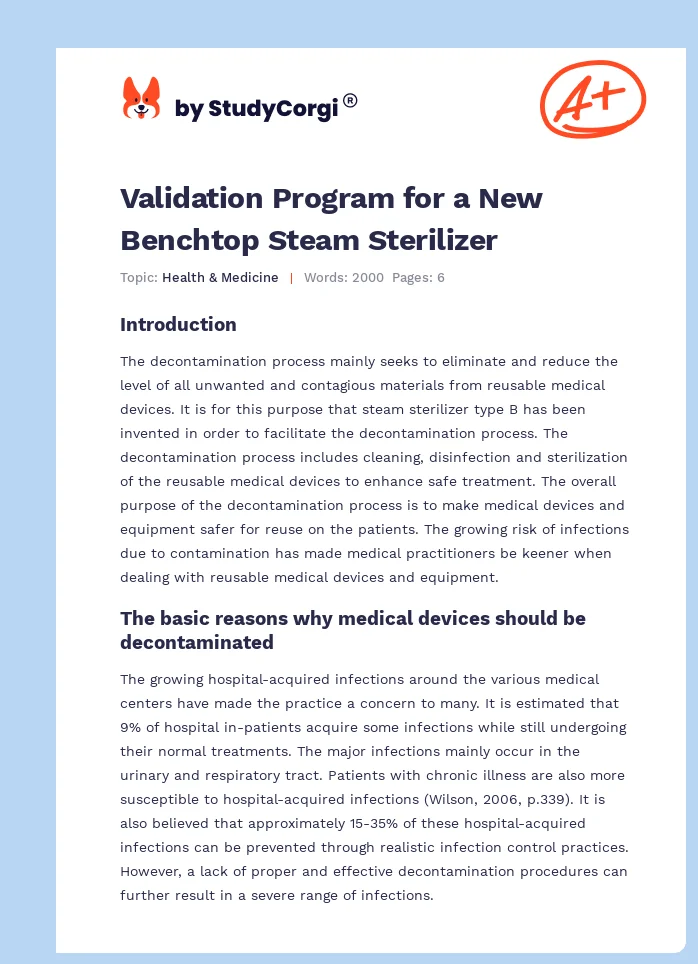 Validation Program for a New Benchtop Steam Sterilizer. Page 1