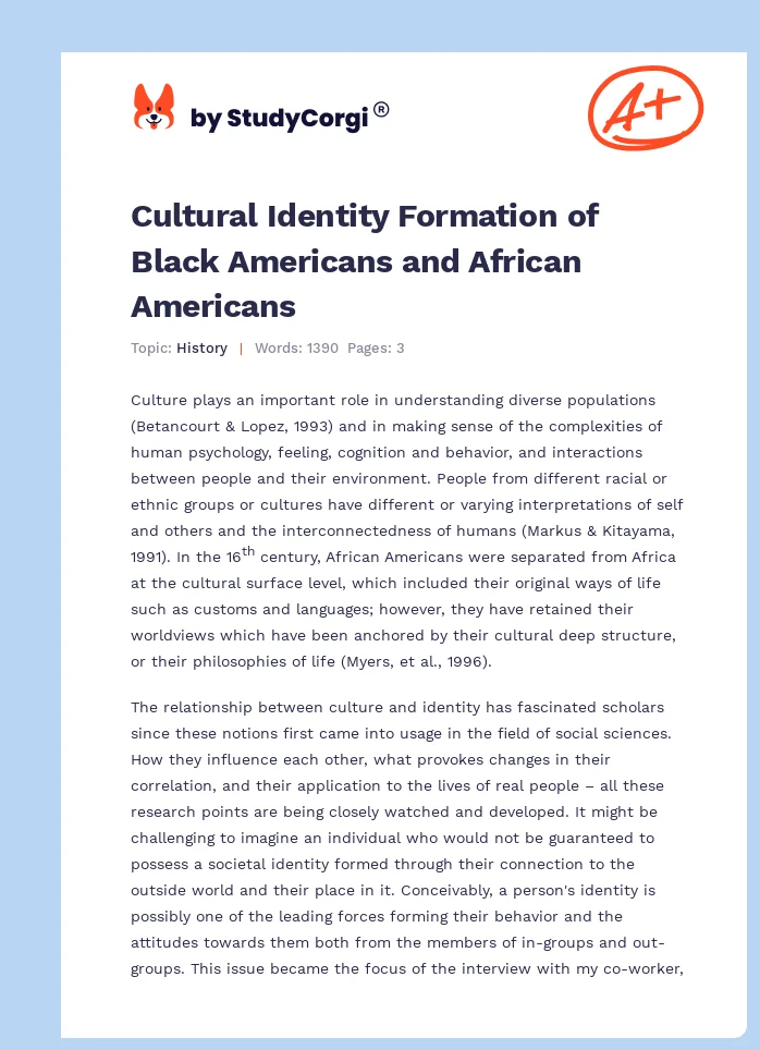 Cultural Identity Formation of Black Americans and African Americans. Page 1