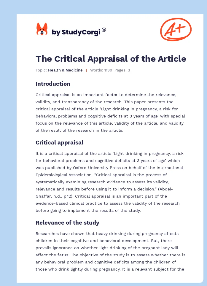 The Critical Appraisal of the Article. Page 1