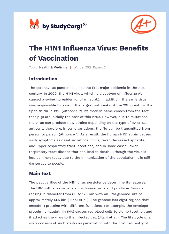 The H1N1 Influenza Virus: Benefits of Vaccination. Page 1