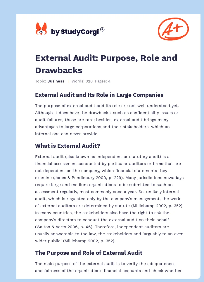 External Audit: Purpose, Role and Drawbacks. Page 1
