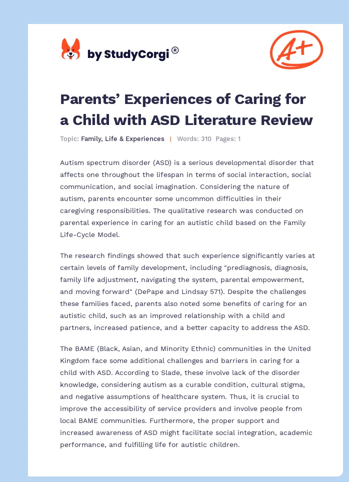Parents’ Experiences of Caring for a Child with ASD Literature Review. Page 1