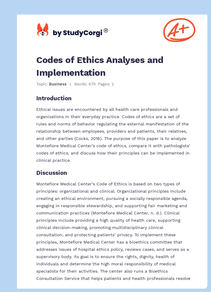 Codes of Ethics Analyses and Implementation. Page 1