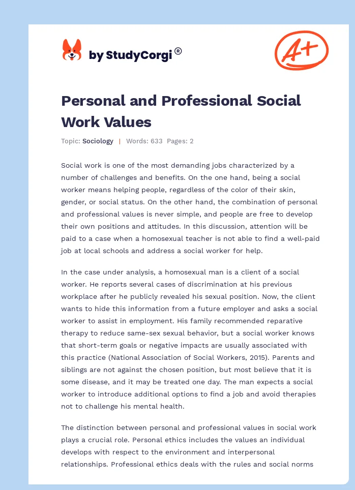 Personal and Professional Social Work Values. Page 1