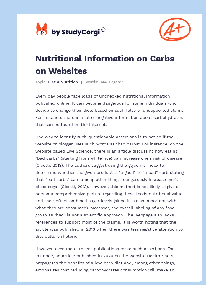 Nutritional Information on Carbs on Websites. Page 1