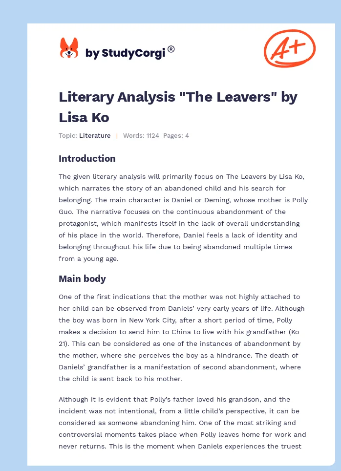 Literary Analysis "The Leavers" by Lisa Ko. Page 1