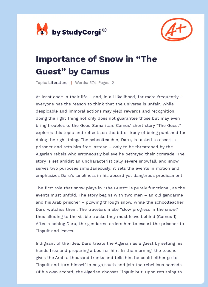 Importance of Snow in “The Guest” by Camus. Page 1