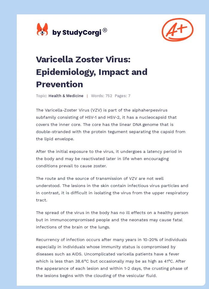 Varicella Zoster Virus: Epidemiology, Impact and Prevention. Page 1