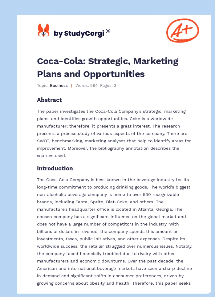 Coca-Cola: Strategic, Marketing Plans and Opportunities. Page 1