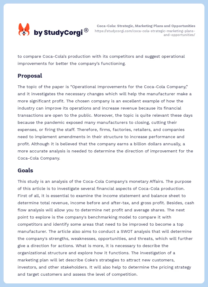 Coca-Cola: Strategic, Marketing Plans and Opportunities. Page 2