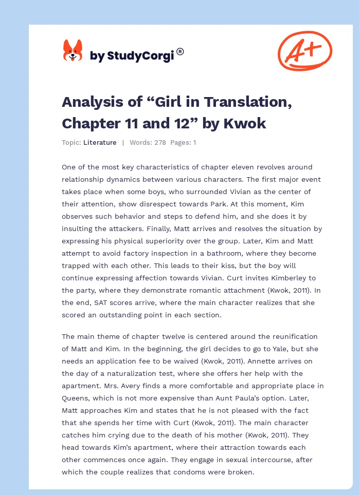 Analysis of “Girl in Translation, Chapter 11 and 12” by Kwok. Page 1