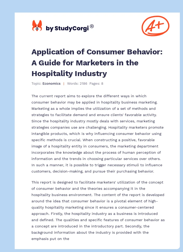 Application of Consumer Behavior: A Guide for Marketers in the Hospitality Industry. Page 1