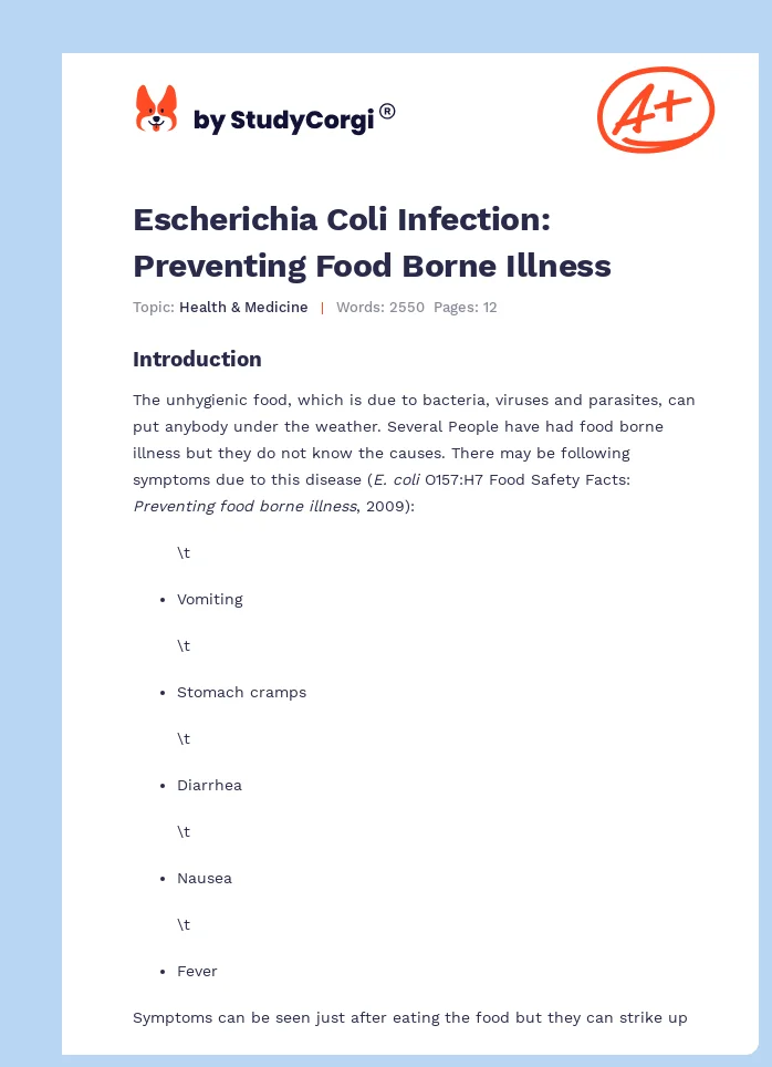 Escherichia Coli Infection: Preventing Food Borne Illness. Page 1