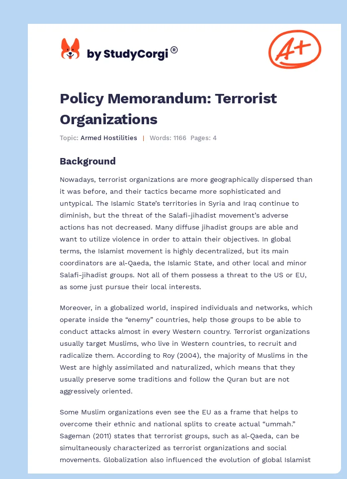 Policy Memorandum: Terrorist Organizations. Page 1