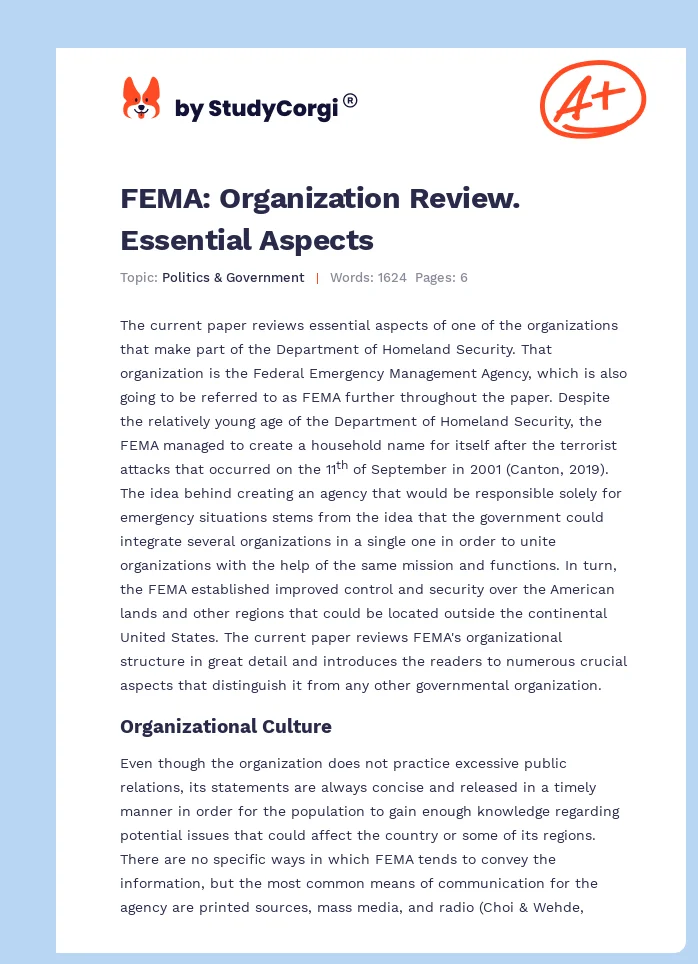 FEMA: Organization Review. Essential Aspects. Page 1