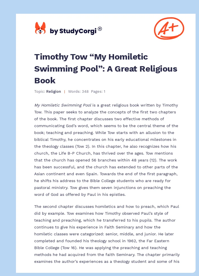 Timothy Tow “My Homiletic Swimming Pool”: A Great Religious Book. Page 1