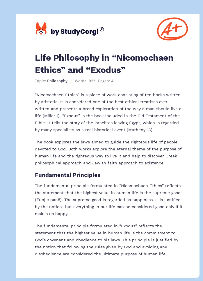 Life Philosophy in “Nicomochaen Ethics” and “Exodus”. Page 1