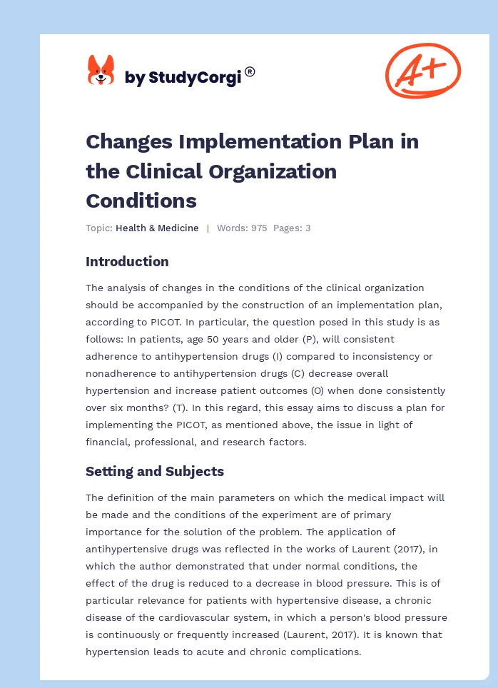 Changes Implementation Plan in the Clinical Organization Conditions. Page 1
